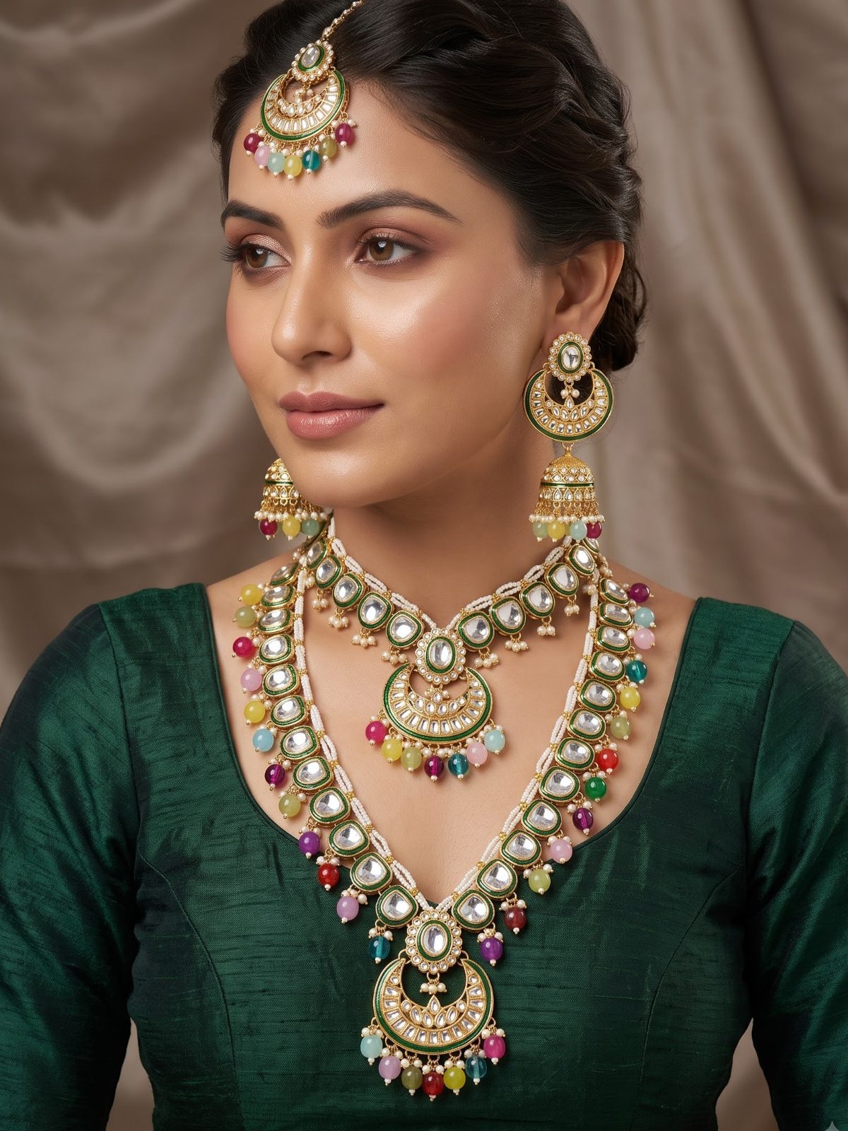 Grisha Double Layer Uncut Kundan Necklace Set with Maanh Tikka