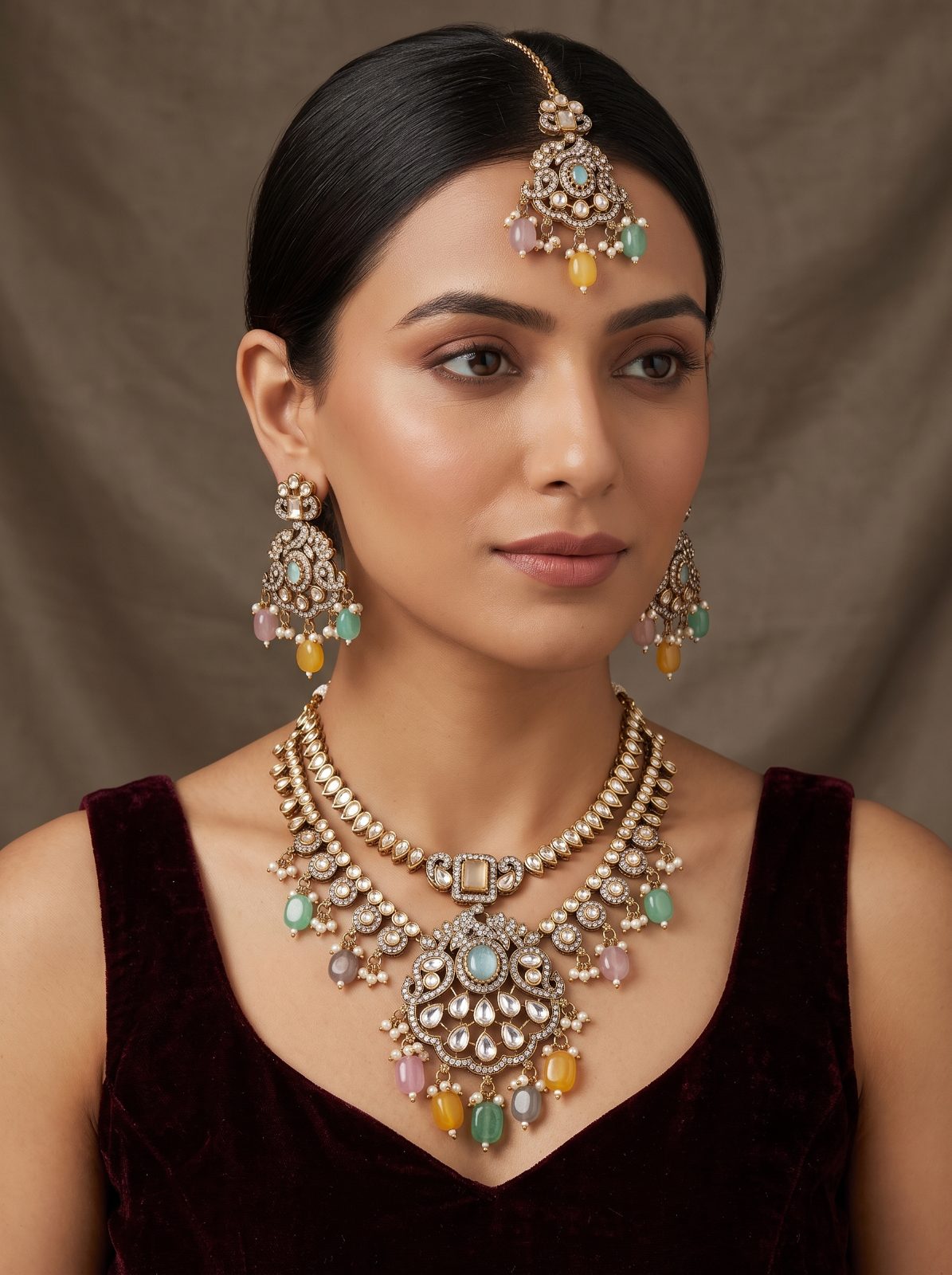 Urvashi Victorian Zircon and Hanging Pearls Long Necklace Set with Maang Tikka
