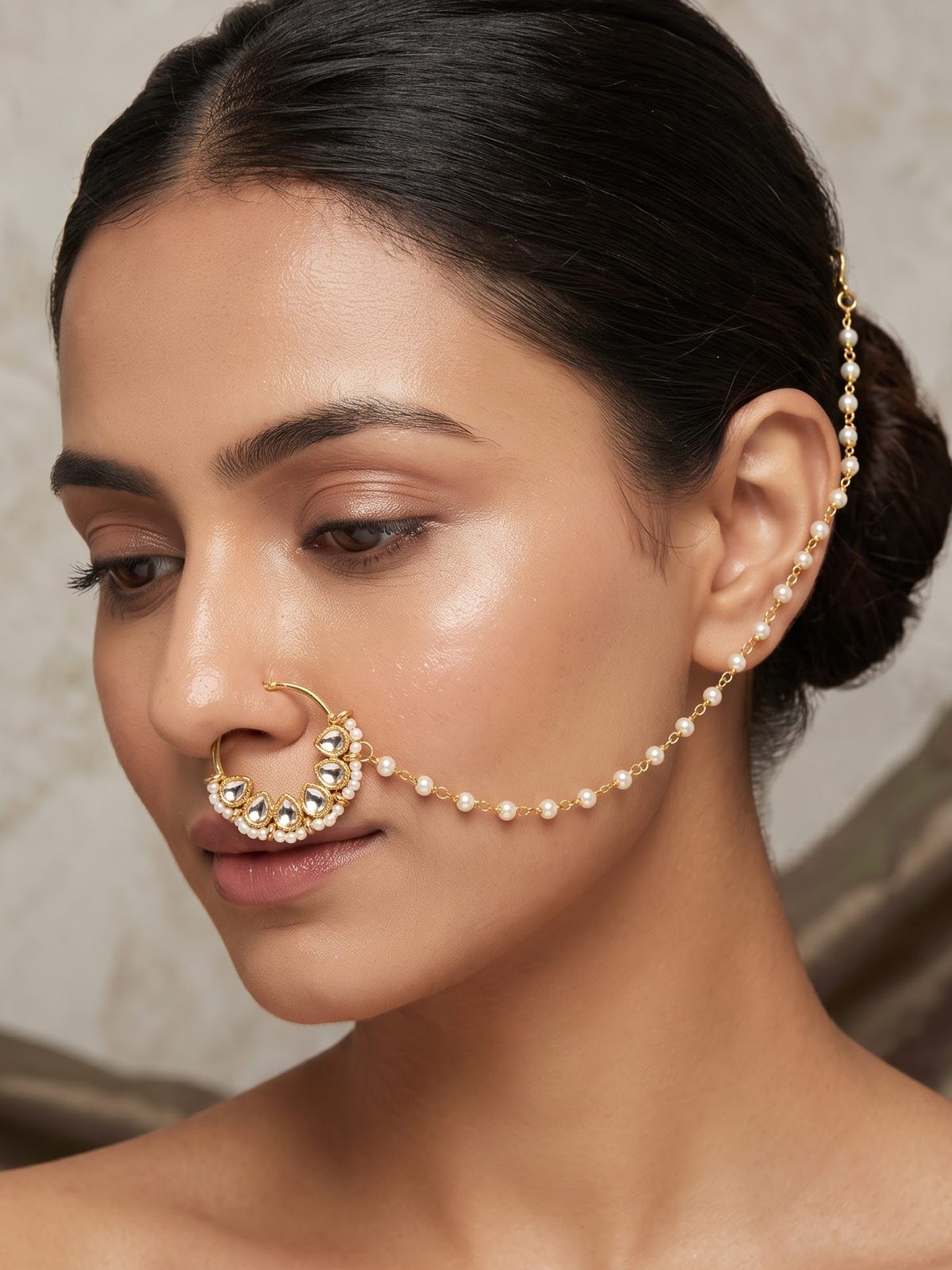Charvi Kundan Pearl Traditional Nose Ring with Chain