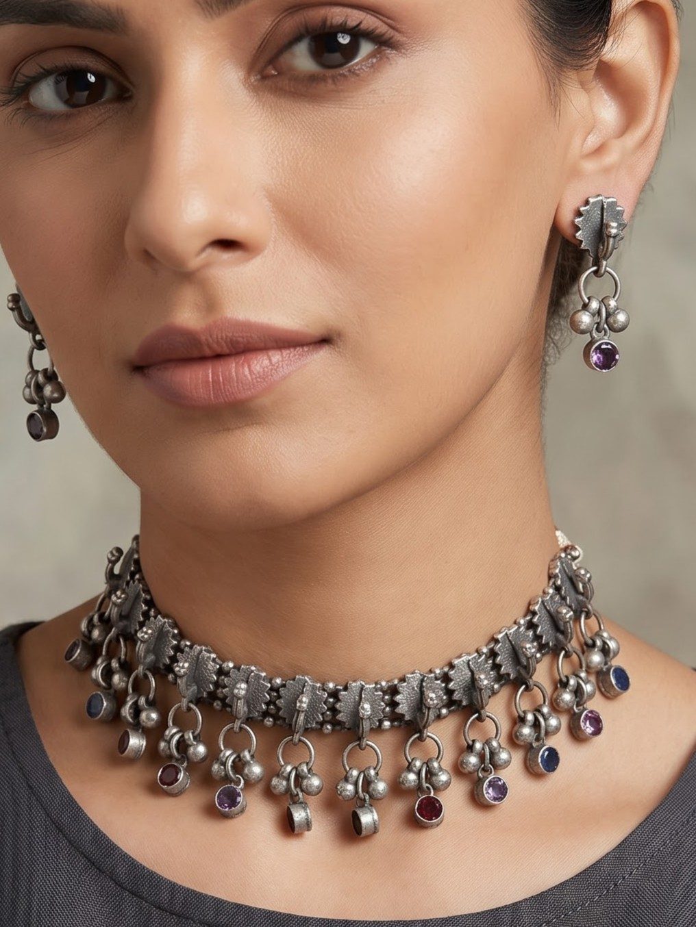 Shanavi Peacock Design Oxidised Choker Set
