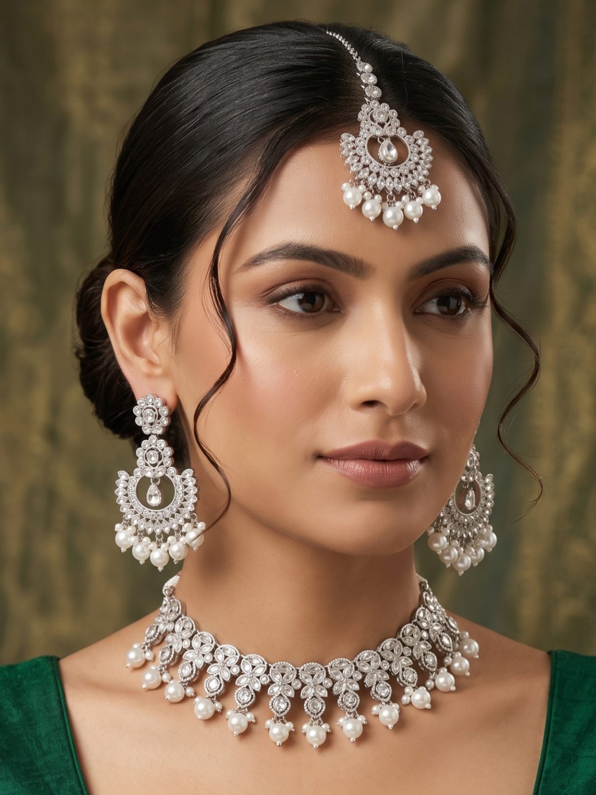 Kamakshi Crystals Stone Necklace Set with White Pearls