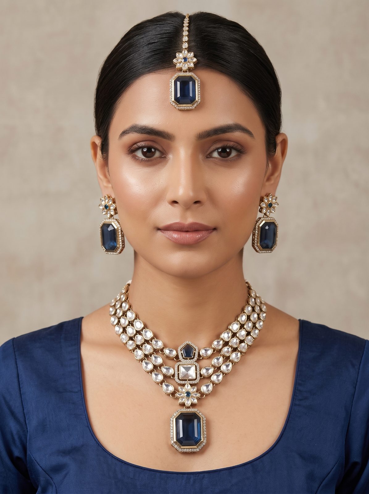 Ishita Kundan Layered Necklace Set with Tikka