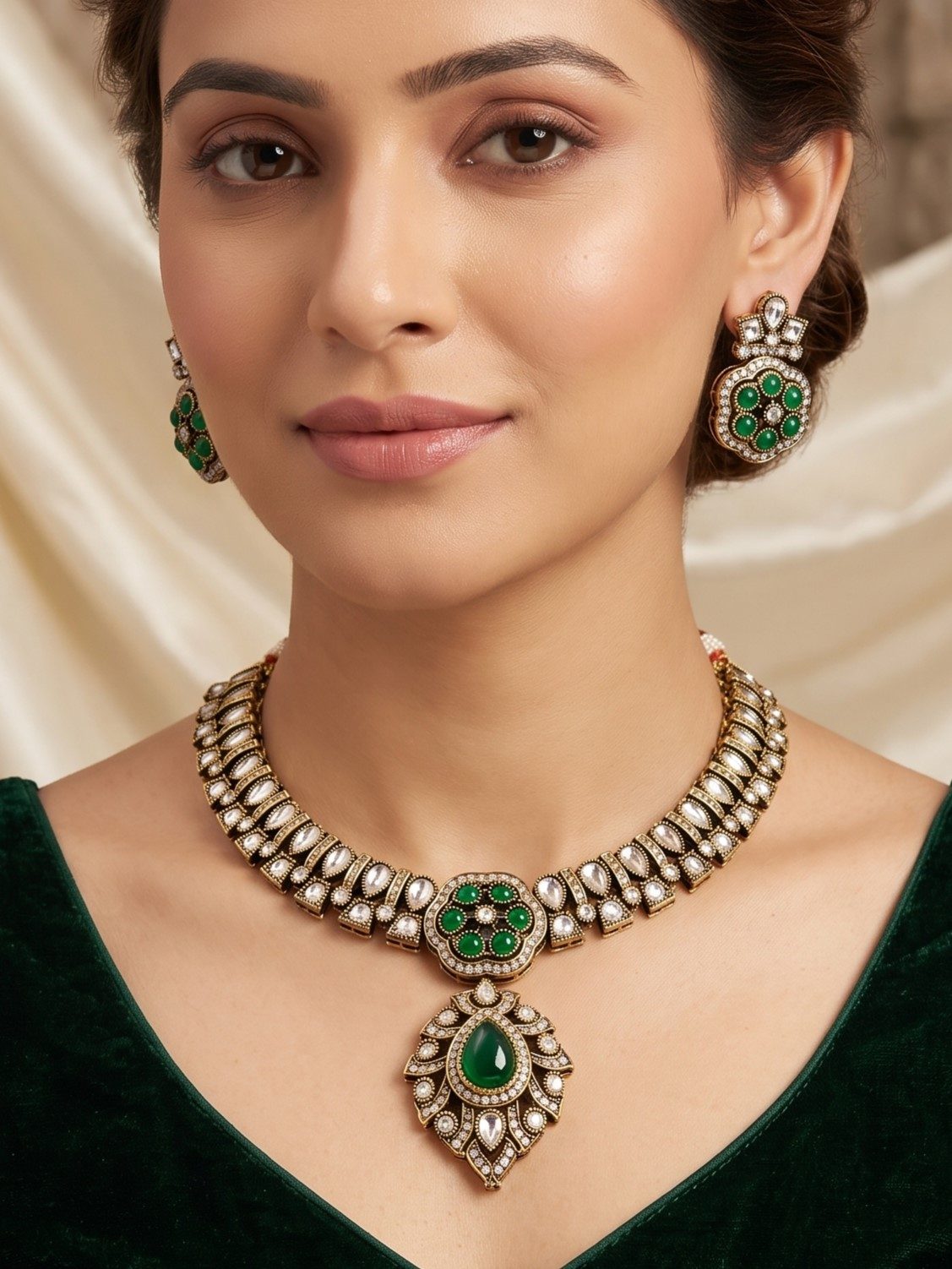 Ishika Victorian Zircon and Mosonite Stone Pendant Necklace Set