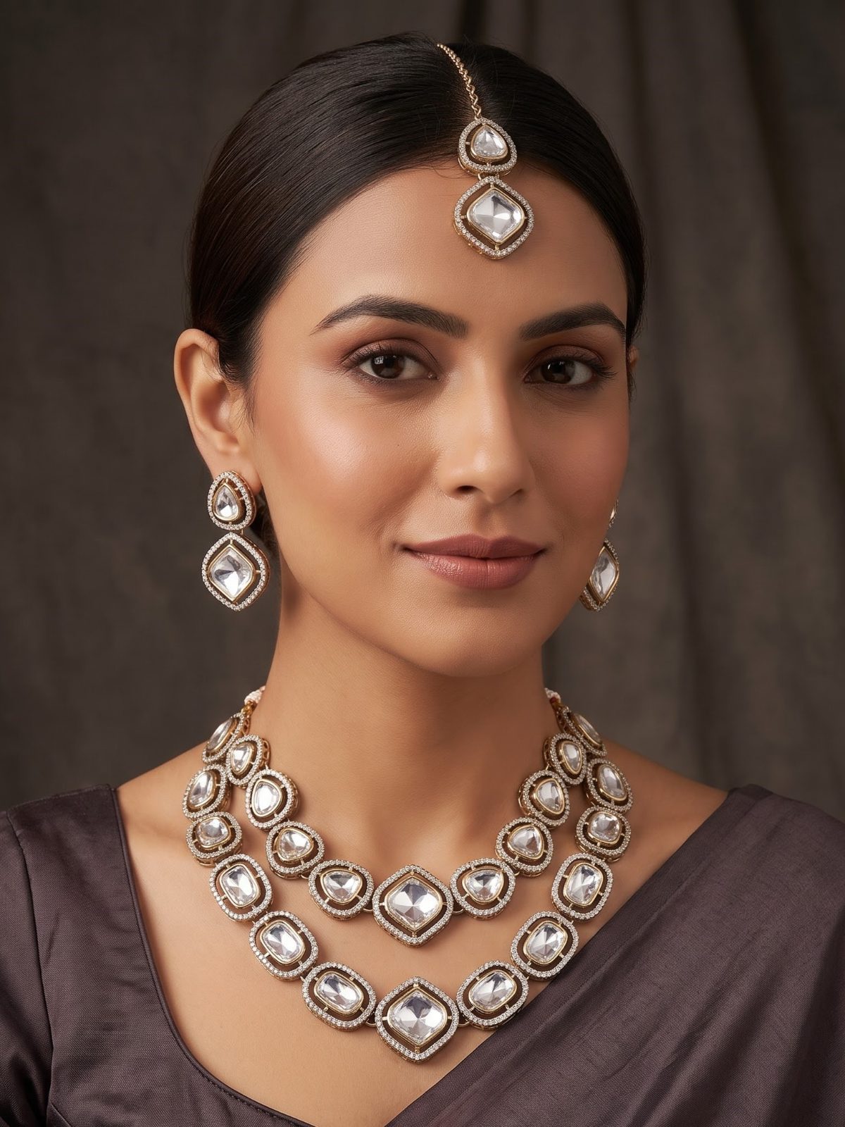 Nashvika Double Layer Uncut Kundan Necklace Set
