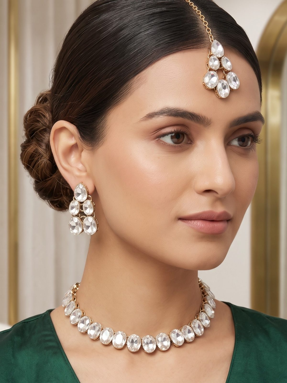 Vidhi White Crystal Stone Mehendi Gold Choker