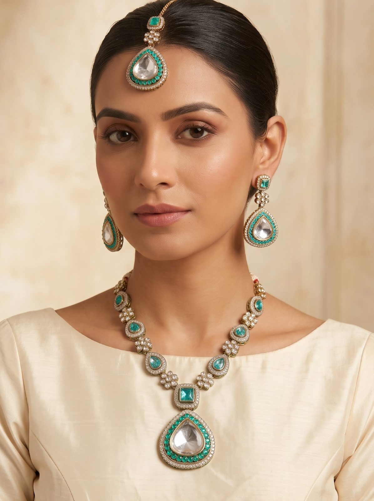 Nia Semi-Long Kundan Necklace Set with Maang Tikka