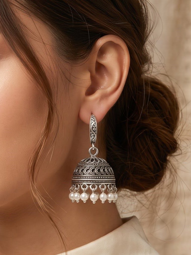 Meera Festive Silver Jhumka Earrings