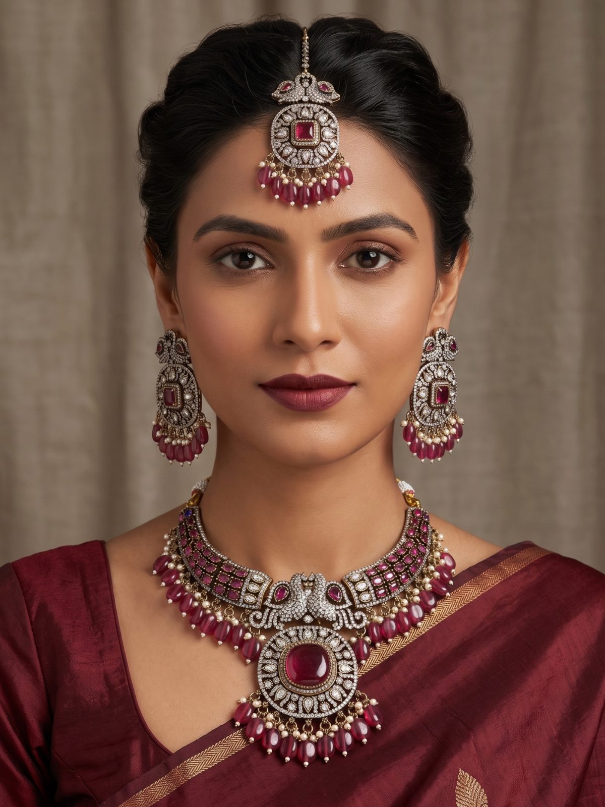 Gauri Victorian Zircon and Mosonite Stone Necklace Set with Maang Tikka