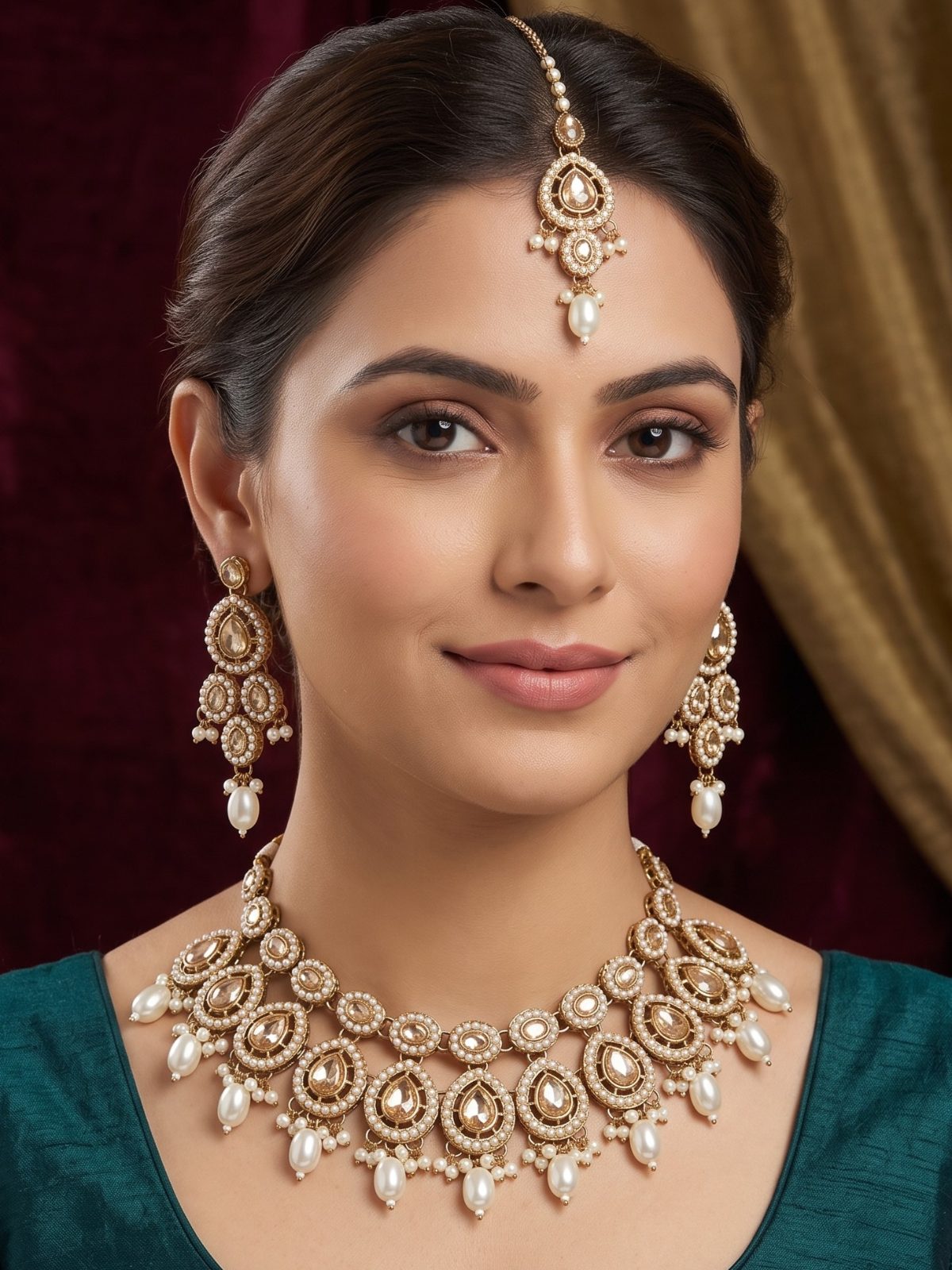 Mehak Pearls Work and Kundan Necklace Set with Maang Tikka