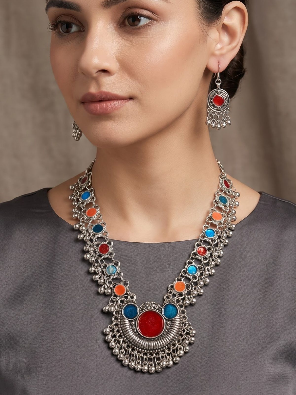 Omya Meenakari Fusion Long Oxidised Necklace Set