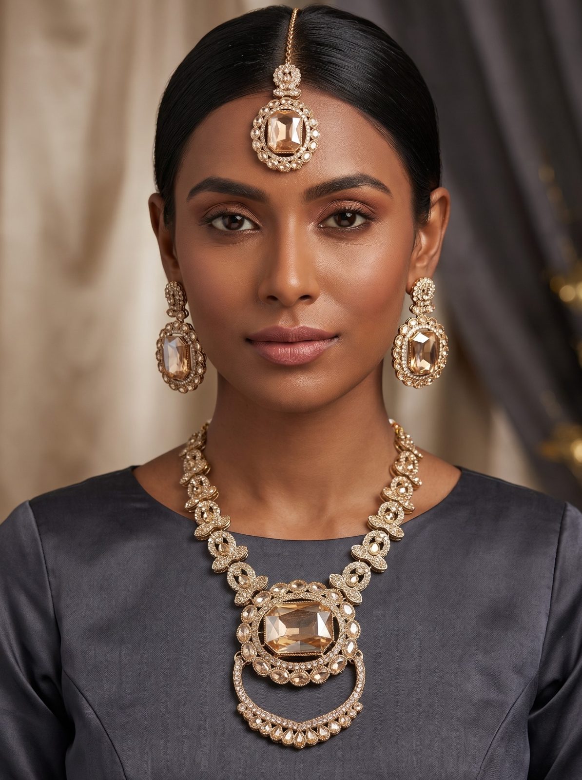 Sushmita Semi-Long Necklace Set with Golden Crystal Stones