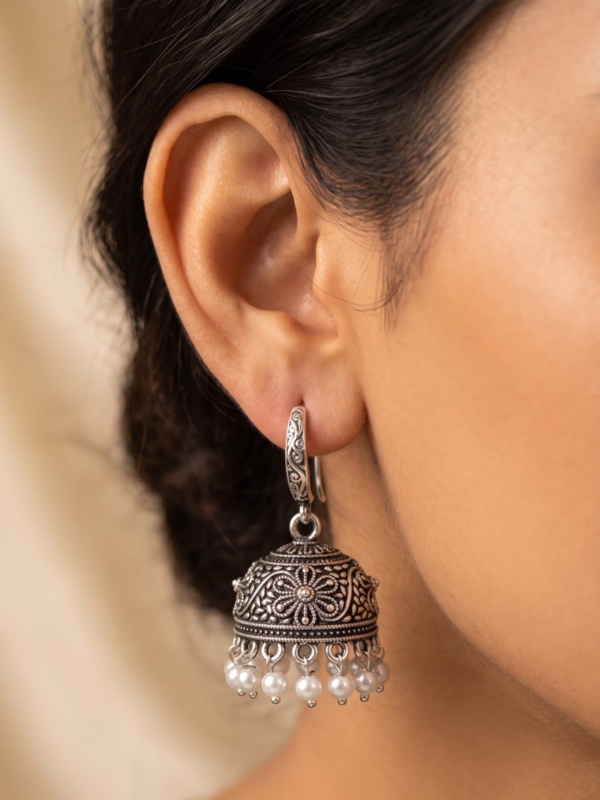 Manvi Silver Tone Jhumka Earrings