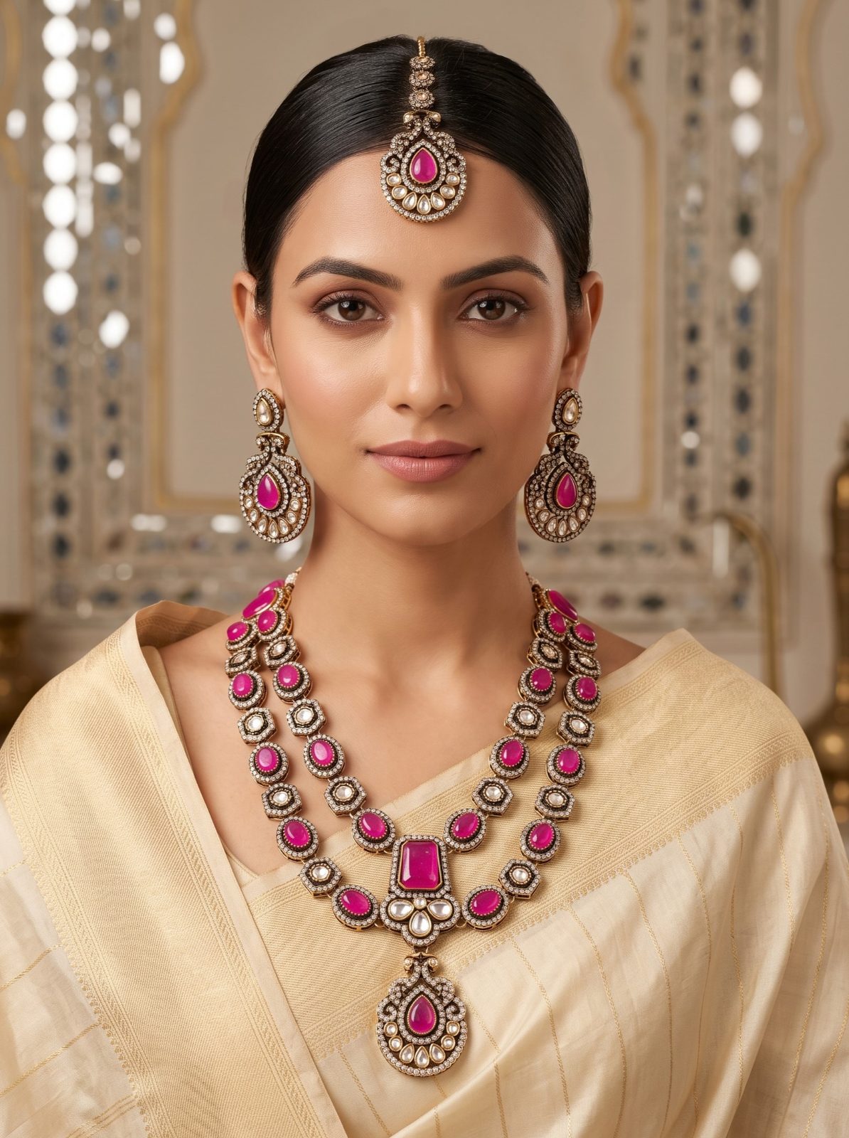 Kriti Victorian Zircon Long Necklace Set with Monalisa Stone