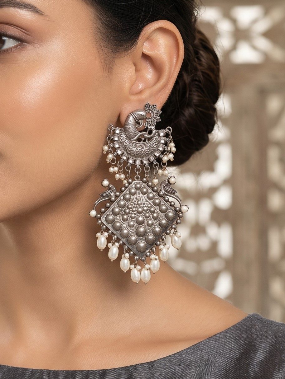 Simran Peacock Design Oxidised Earrings with Pearls Hanging