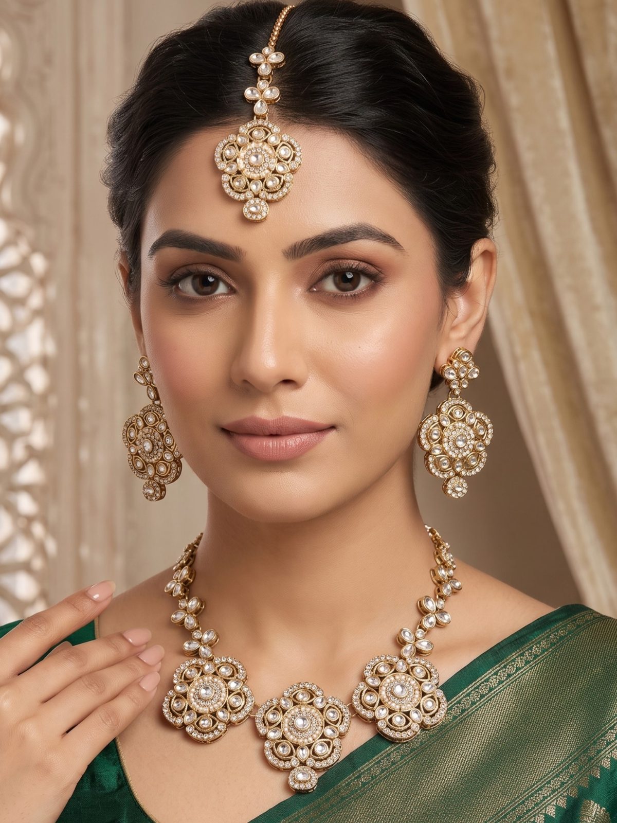 Ishani Minimal Pearls Work and Golden Kundan Stone Necklace Set