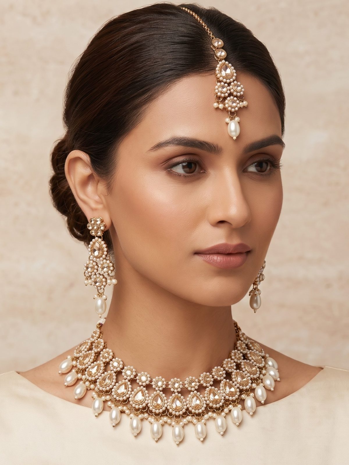 Diya Kundan and Pearls Hanging Necklace Set with Maang Tikka