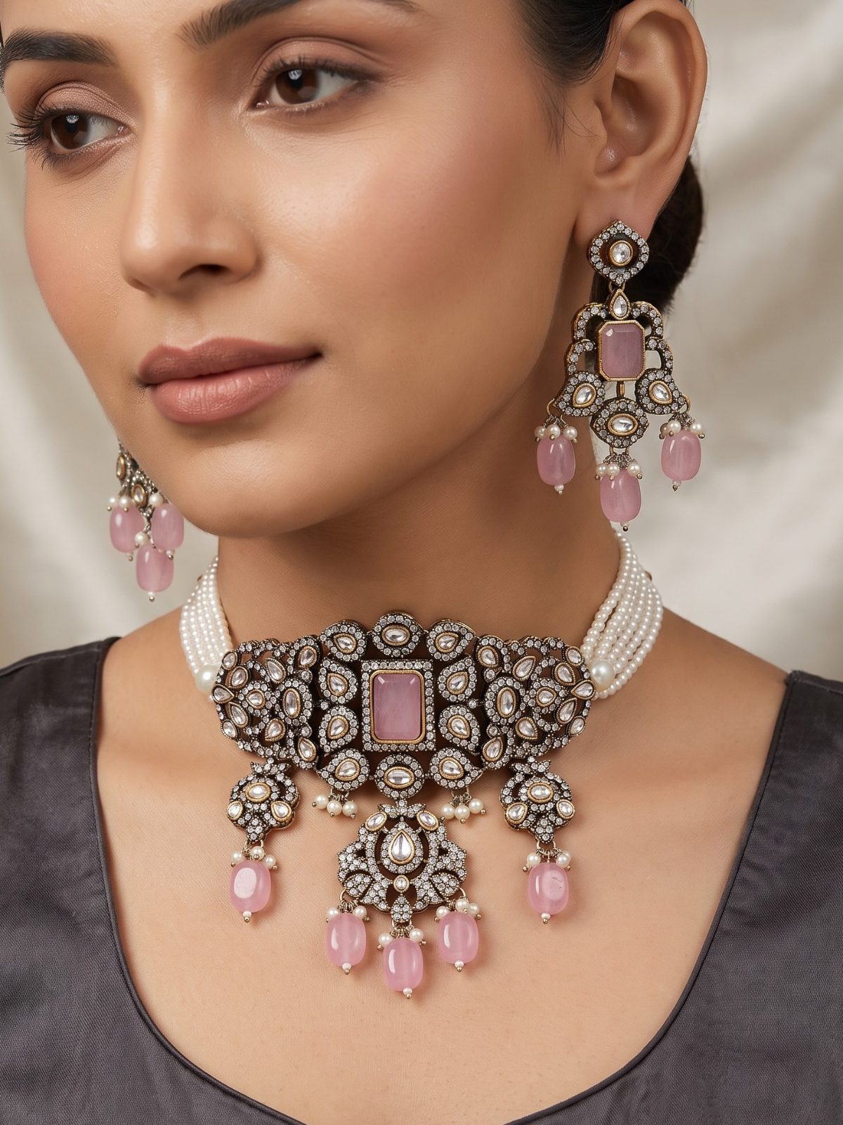 Sarita Victoian Zircon and Monalisa Stone Necklace Set with Pearls Hanging