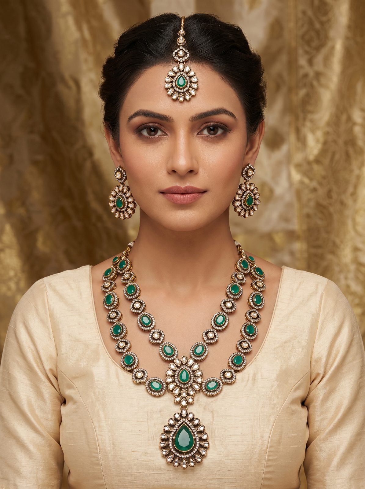 Shivika Victorian Zercon and Monalisa Stone Layer Necklace Set