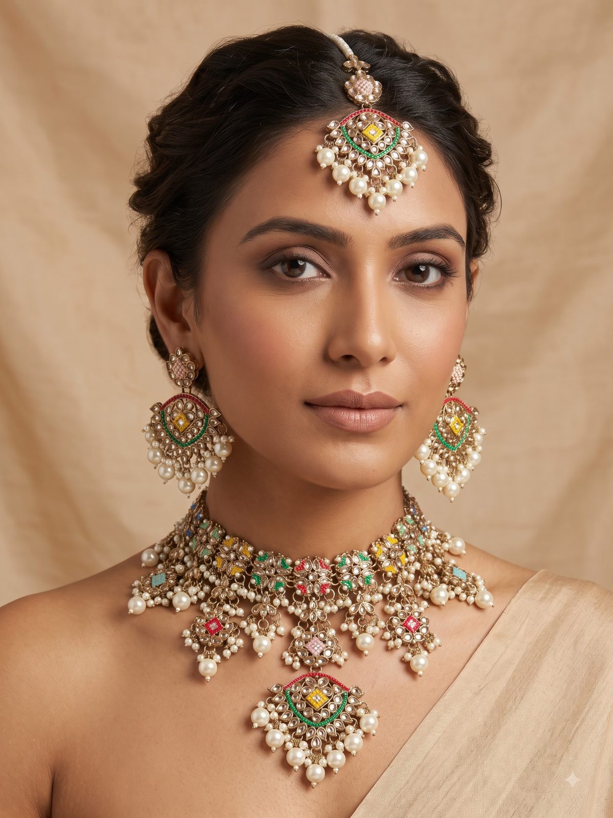 Naira Detailed Pearl and Kundan Necklace Set