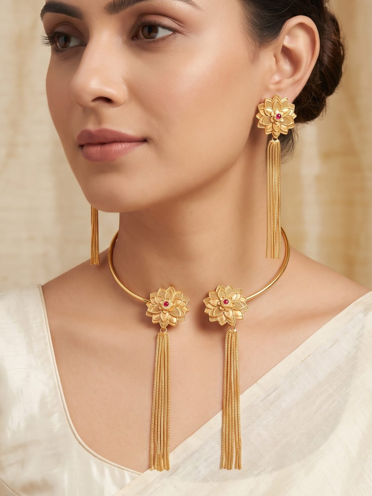 Sara Gold Floral Tassel Choker Necklace