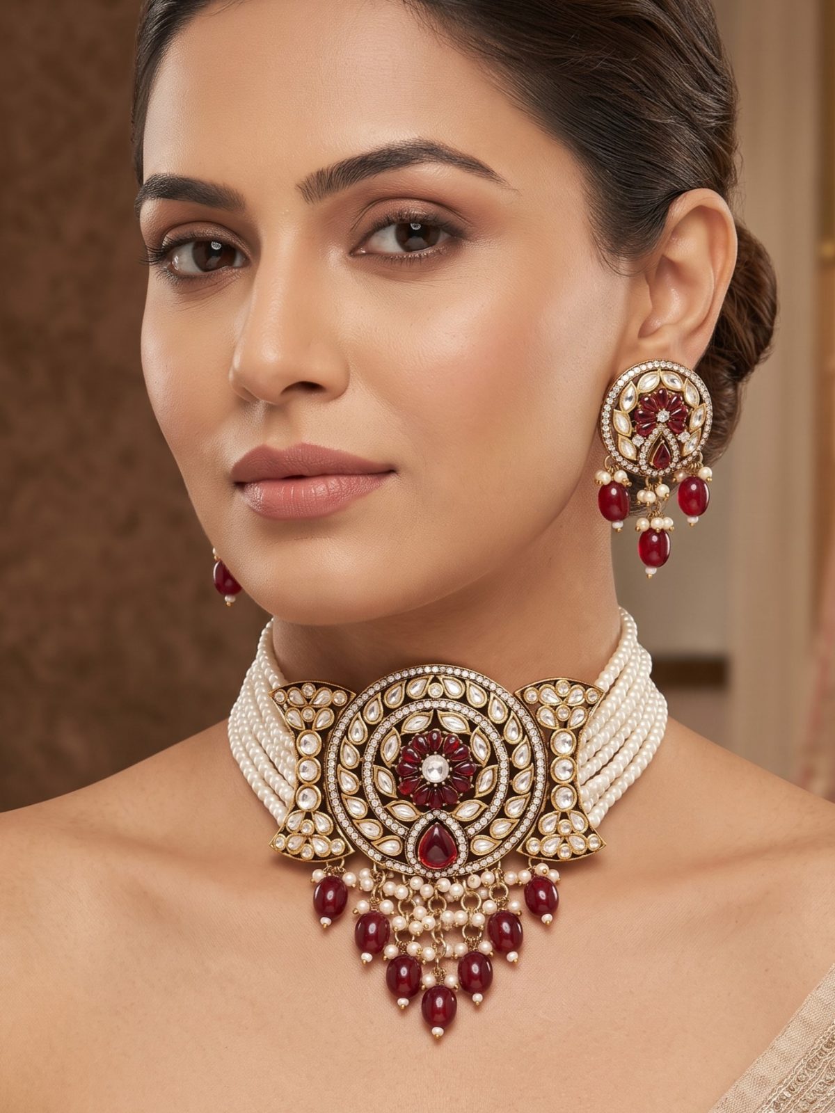 Jasmine Victorian Zircon and Pearls Work Choker Set