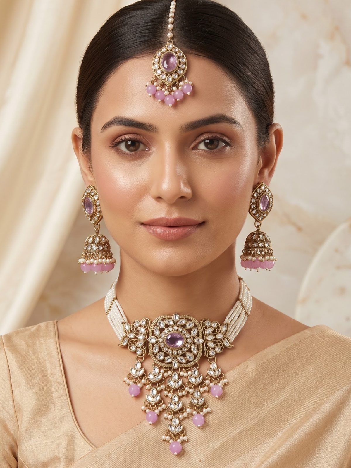Prachi Kundan and Pearls Work Choker Set with Maang Tikka