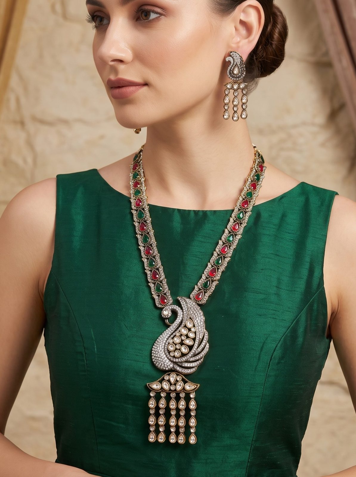 Janvi Victorian Zircon Peacock Pendant Necklace Set