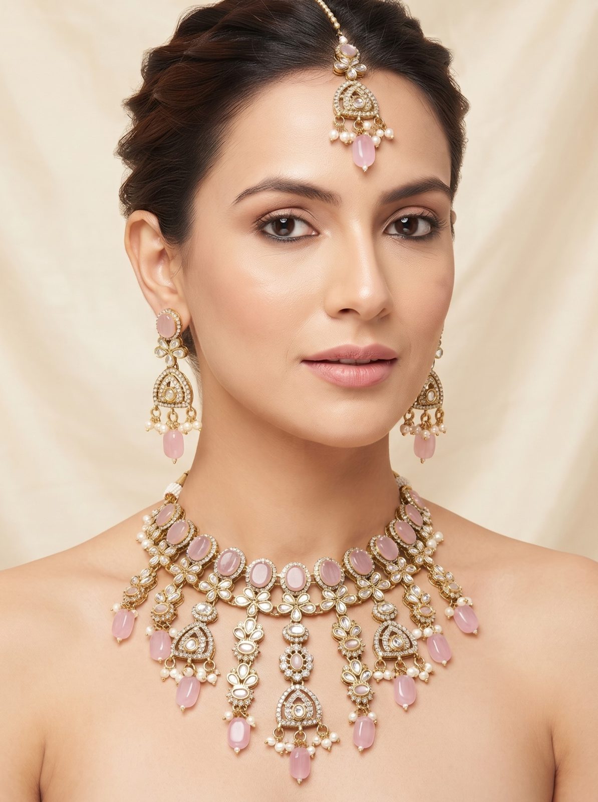 Maniya Victorian Zercon Monalisa Stone Necklace Set With Pearls