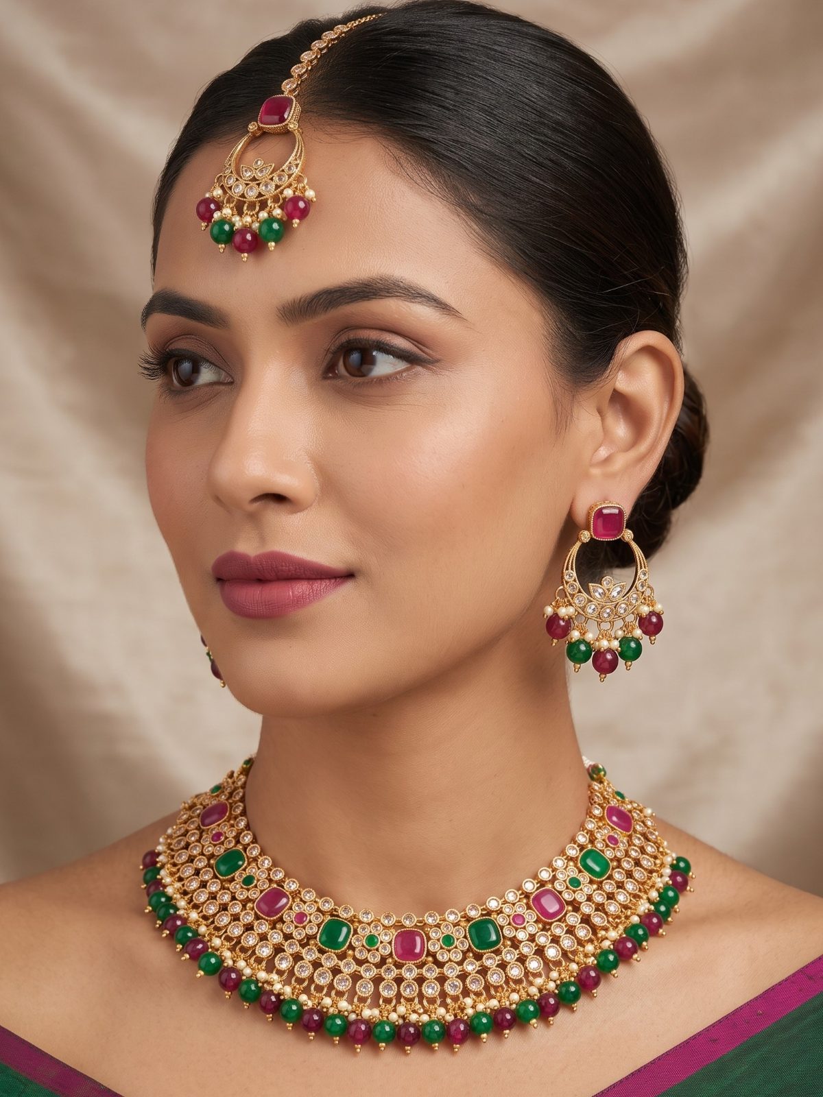 Mehak Kundan and Hanging Necklace Set with Maang Tikka