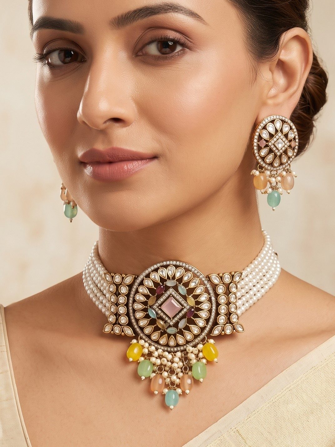Lakshita Victorian Zircon Choker Set with Pearls Hanging