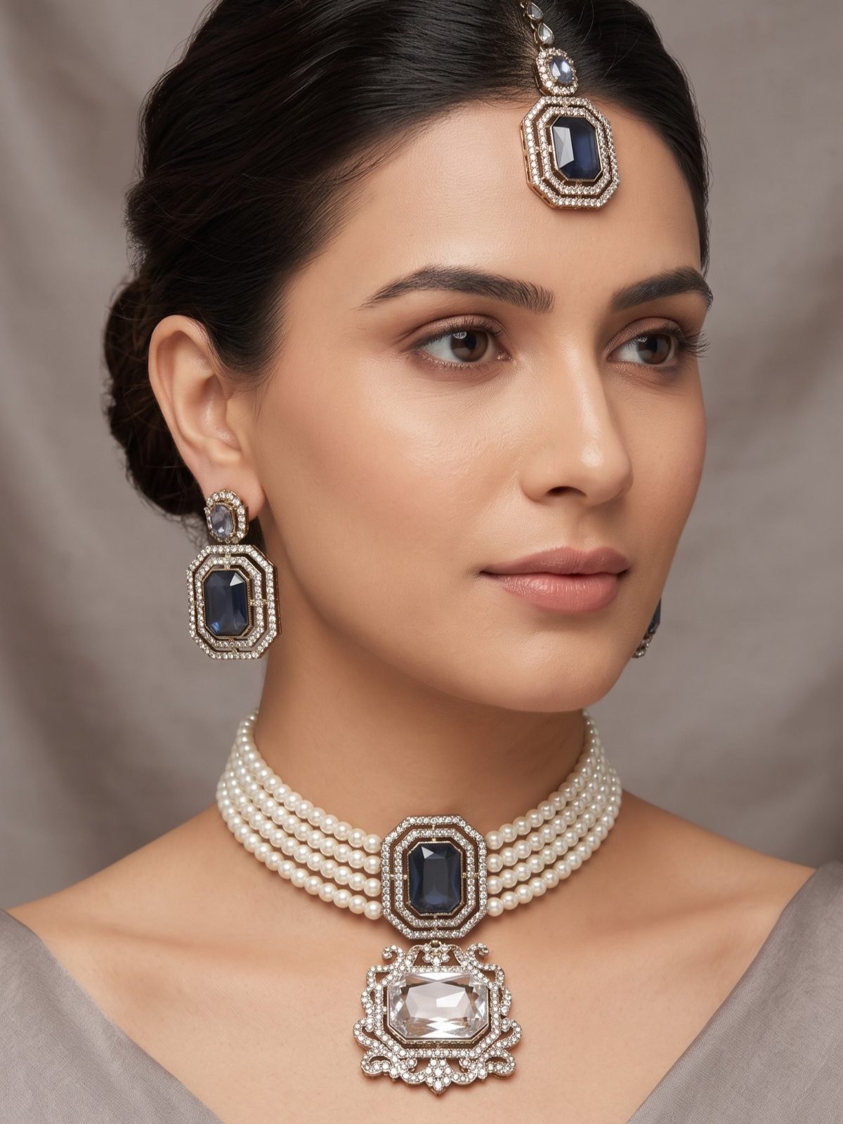 Riva Table Cut Crystal Stone Pearls Choker Set with Earings and Maang Tikka