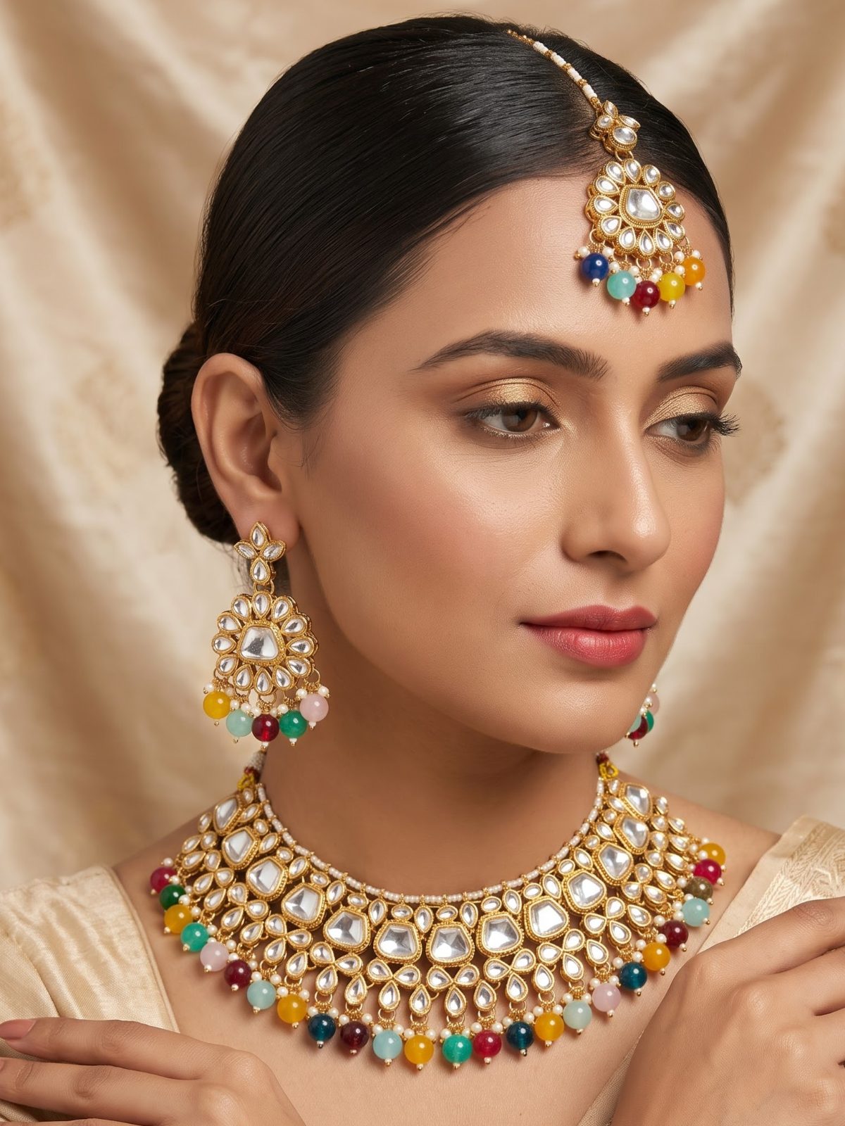 Ridhi Uncut Kundan and Pearls Hanging Necklace Set with Maang Tikka