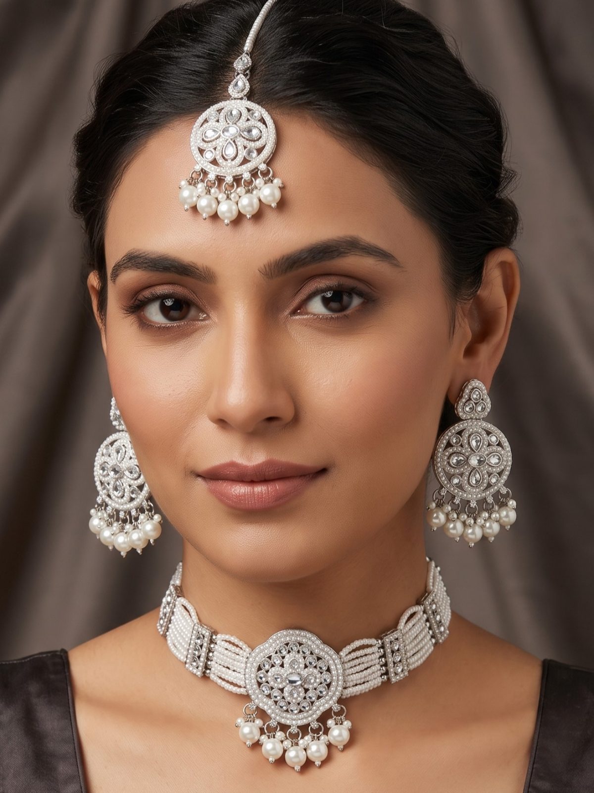 Priya Silver Kundan with Pearls Work Choker Set with Maang Tikka