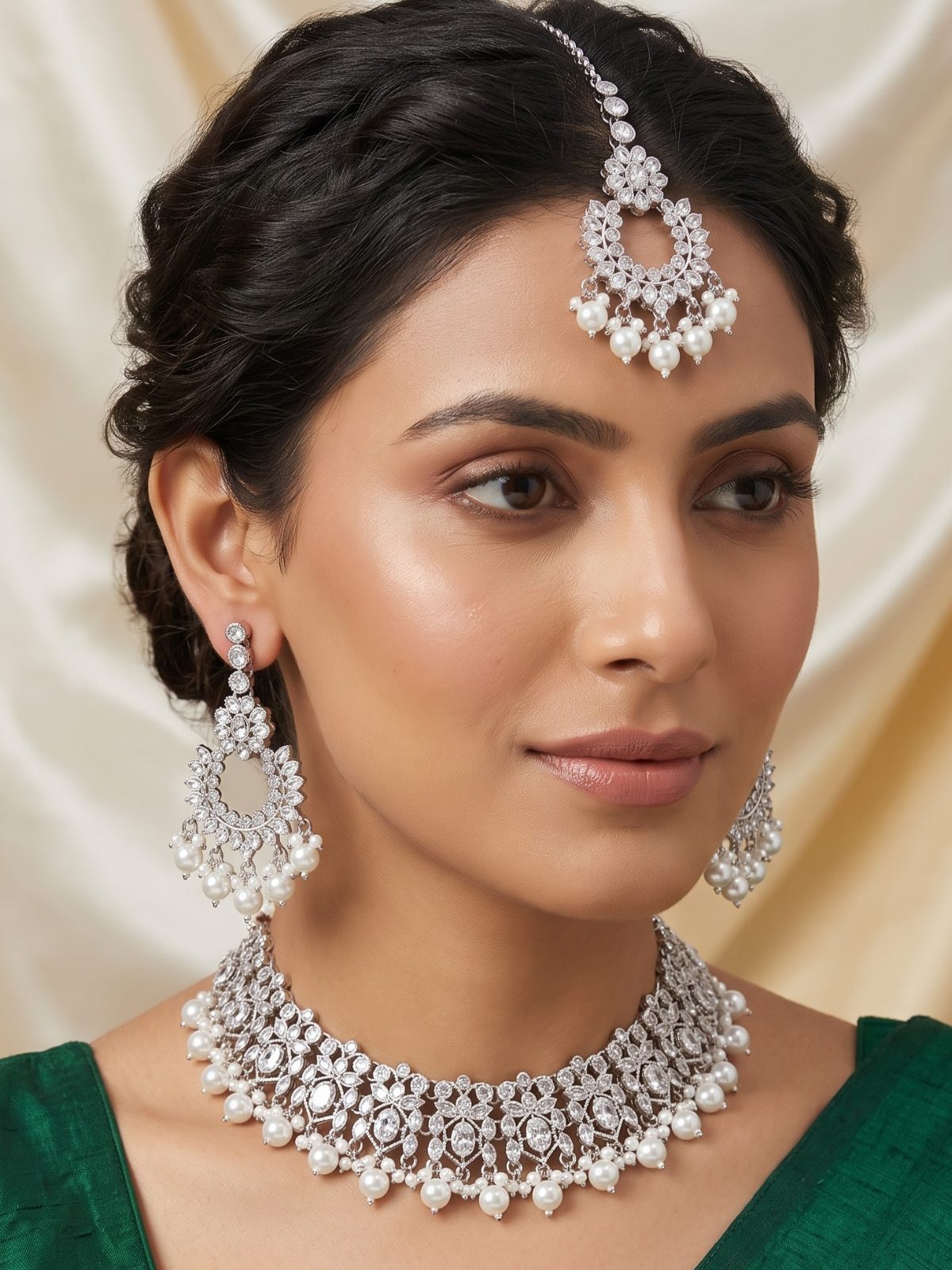 Sanjana Crystals Stone Necklace Set with White Pearls