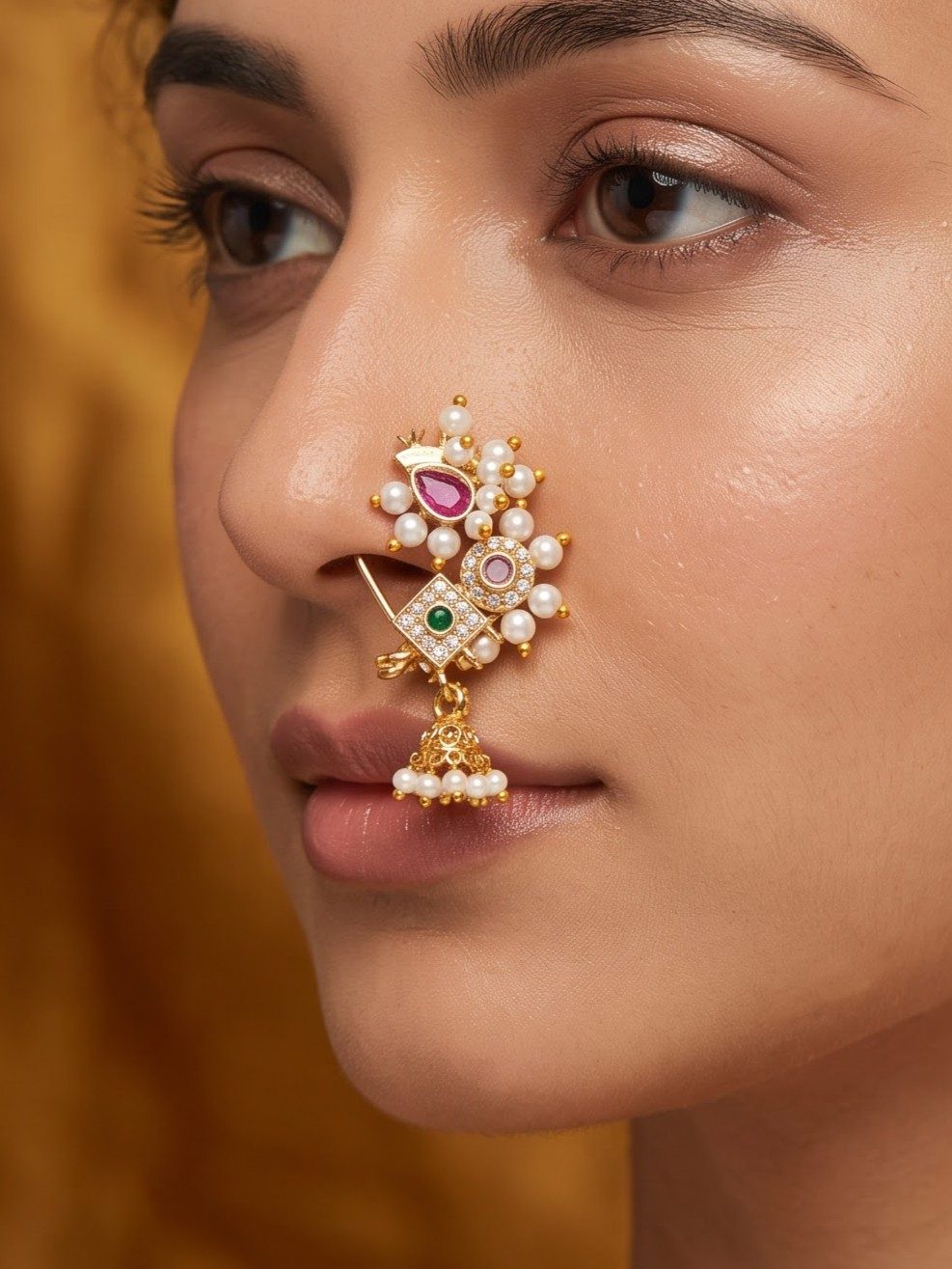 Tanvi Floral Pearl Gemstone Nose Pin