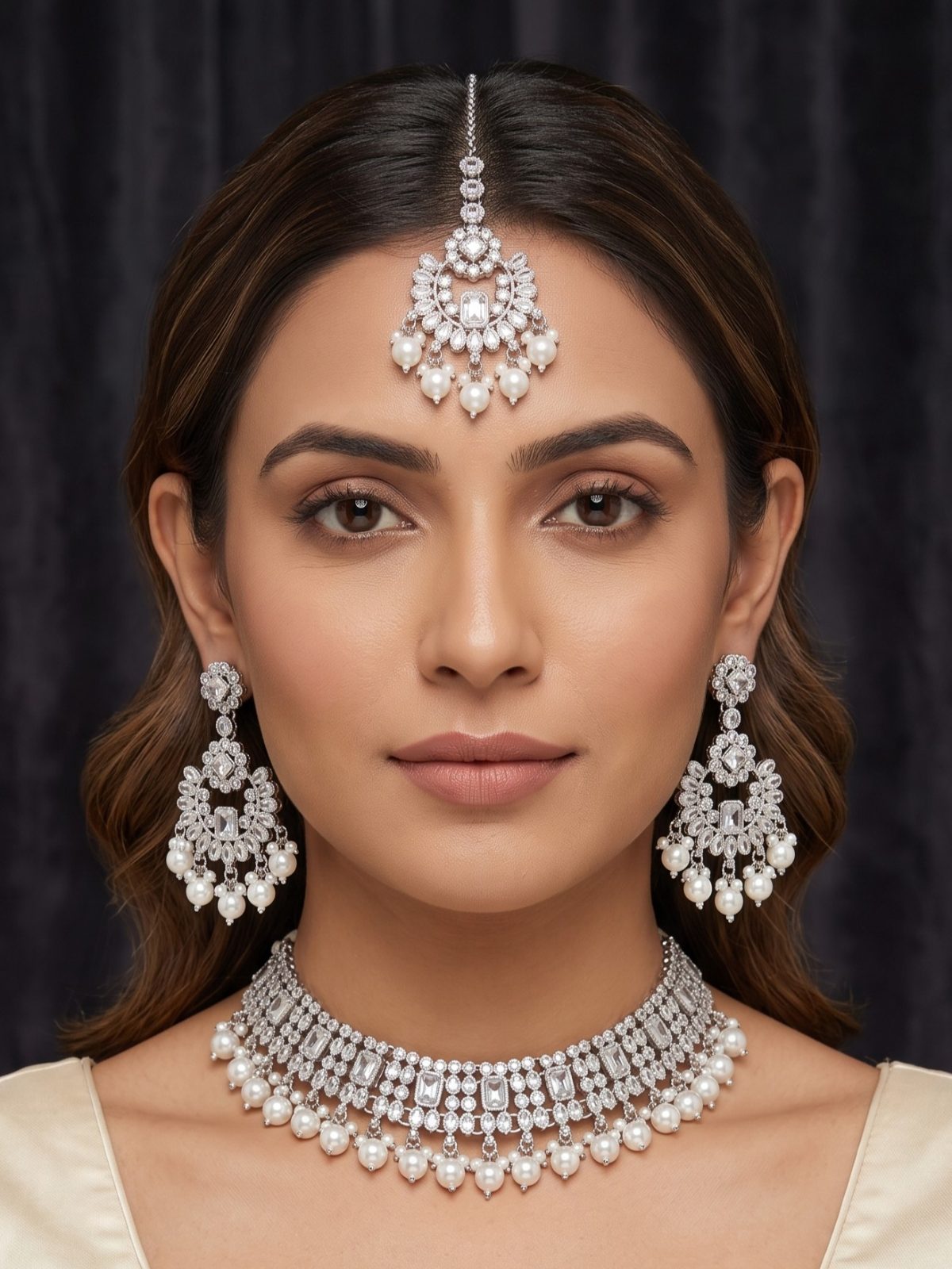 Yashika Crystals Stone Necklace Set with White Pearls