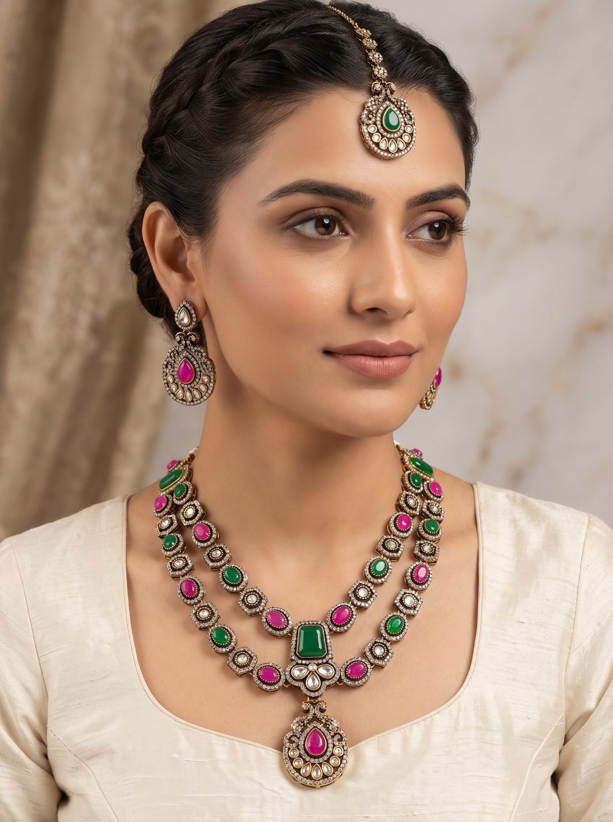 Kriti Victorian Zircon Long Necklace Set with Monalisa Stone