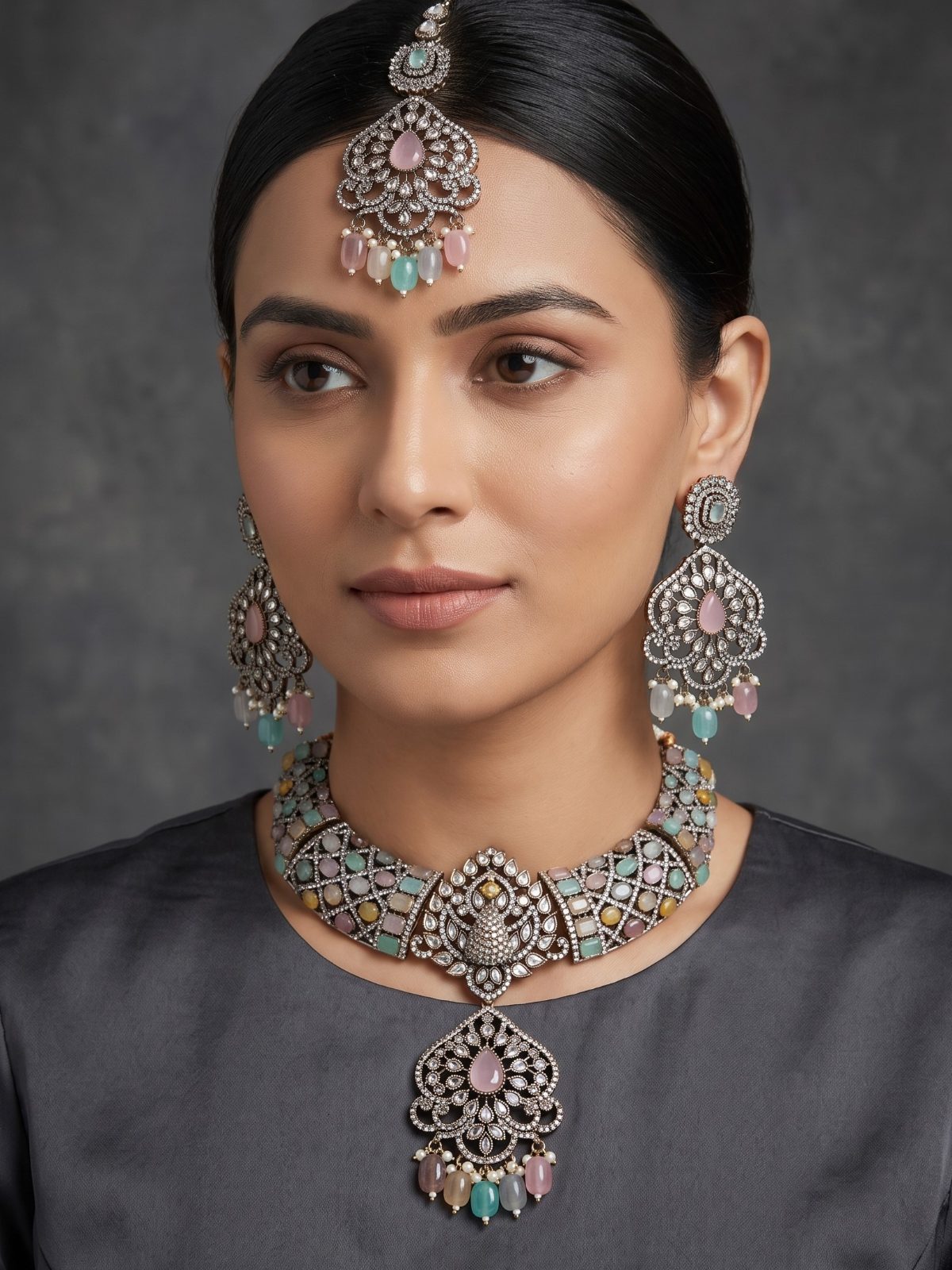 Vanisha Victorian Zircon Hasli Set with Hanging Pearls